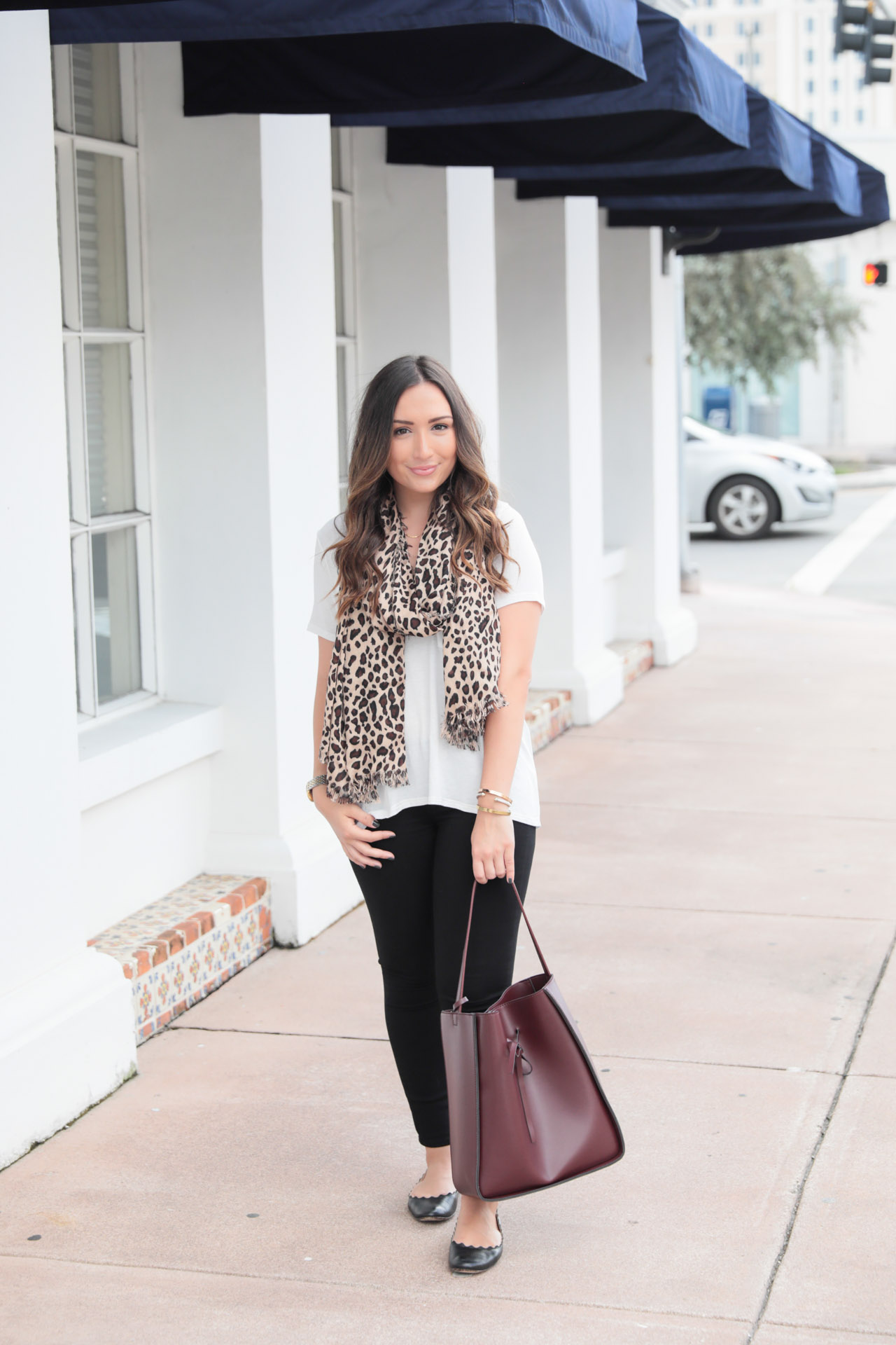 Leopard scarf and oxblood accessories